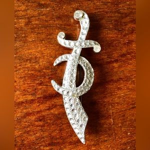 Fancy Sword Brooch Pin in Silver Tone with Rhinestones